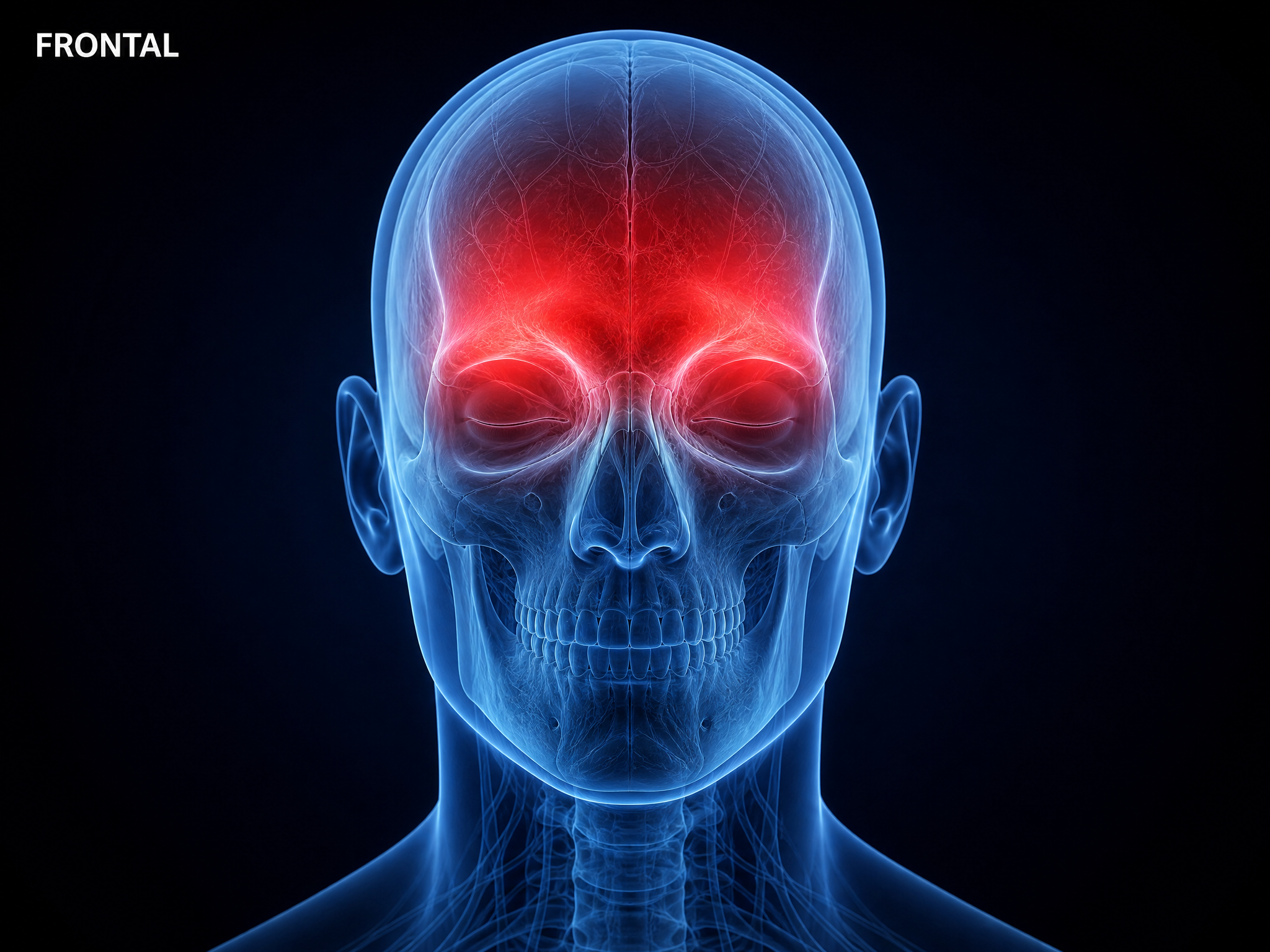Anatomical figure of a head showing frontal headache pain across the forehead and behind both eyes
