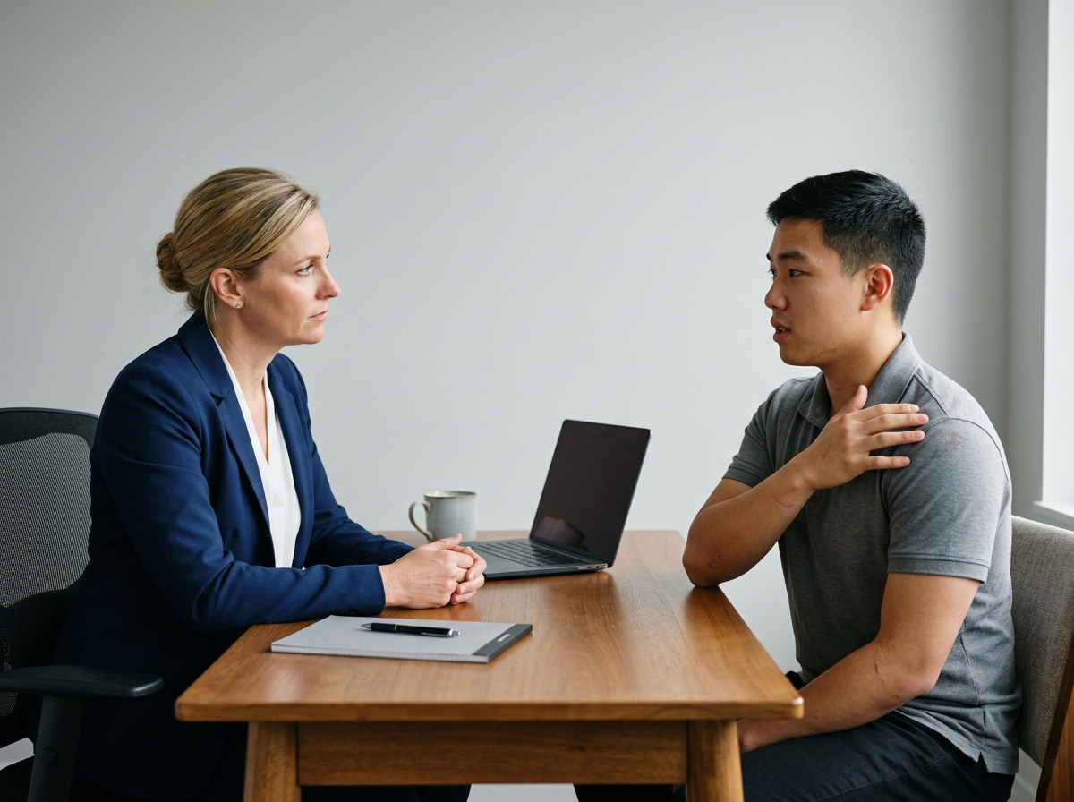 A white female vocational rehabilitation counselor at a desk with a young Asian male veteran, discussing how his recurrent shoulder dislocations have affected his ability to work