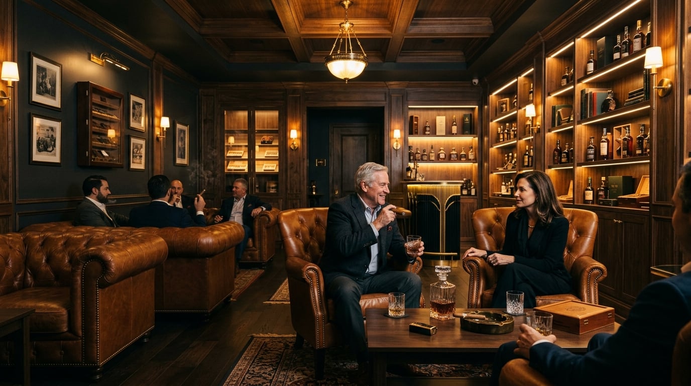 Comfortable leather seating inside Hutch Humidor cigar lounge Hutchinson KS