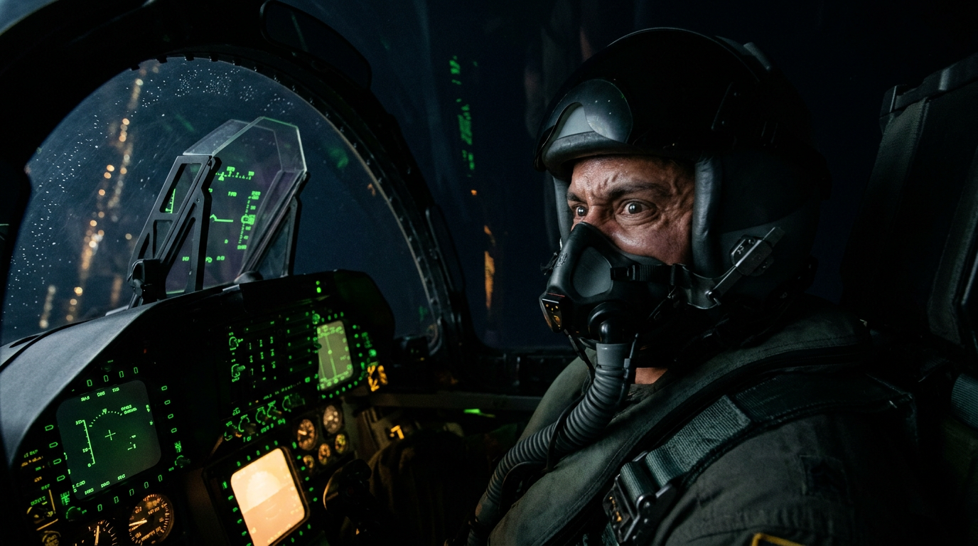 A Hispanic man U.S. Air Force fighter aircrew member in a flight helmet and oxygen mask seated in a cockpit at night under high-G, his head and neck strained against the helmet weight