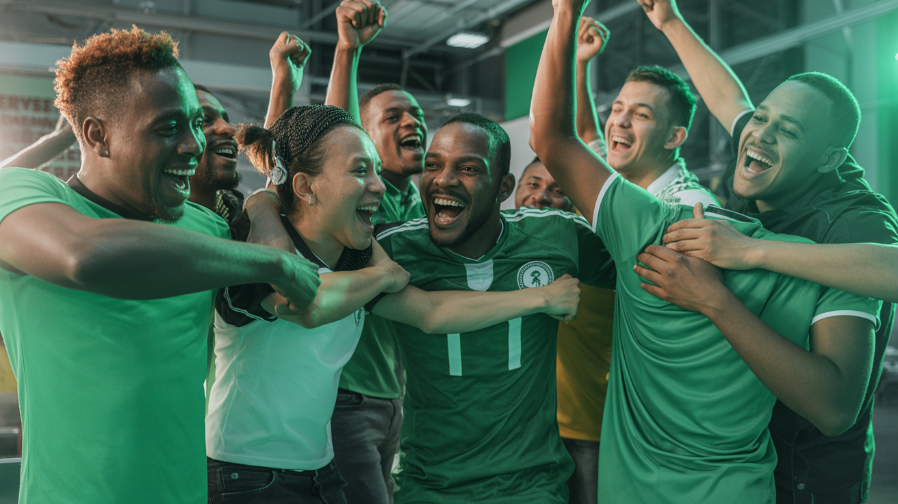 Nigerian fans celebrating a goal together at Endurance Viewing