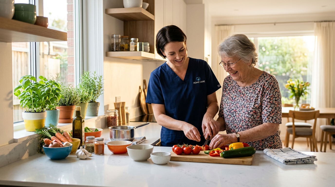 Caregiver helping elderly woman prepare a meal in kitchen