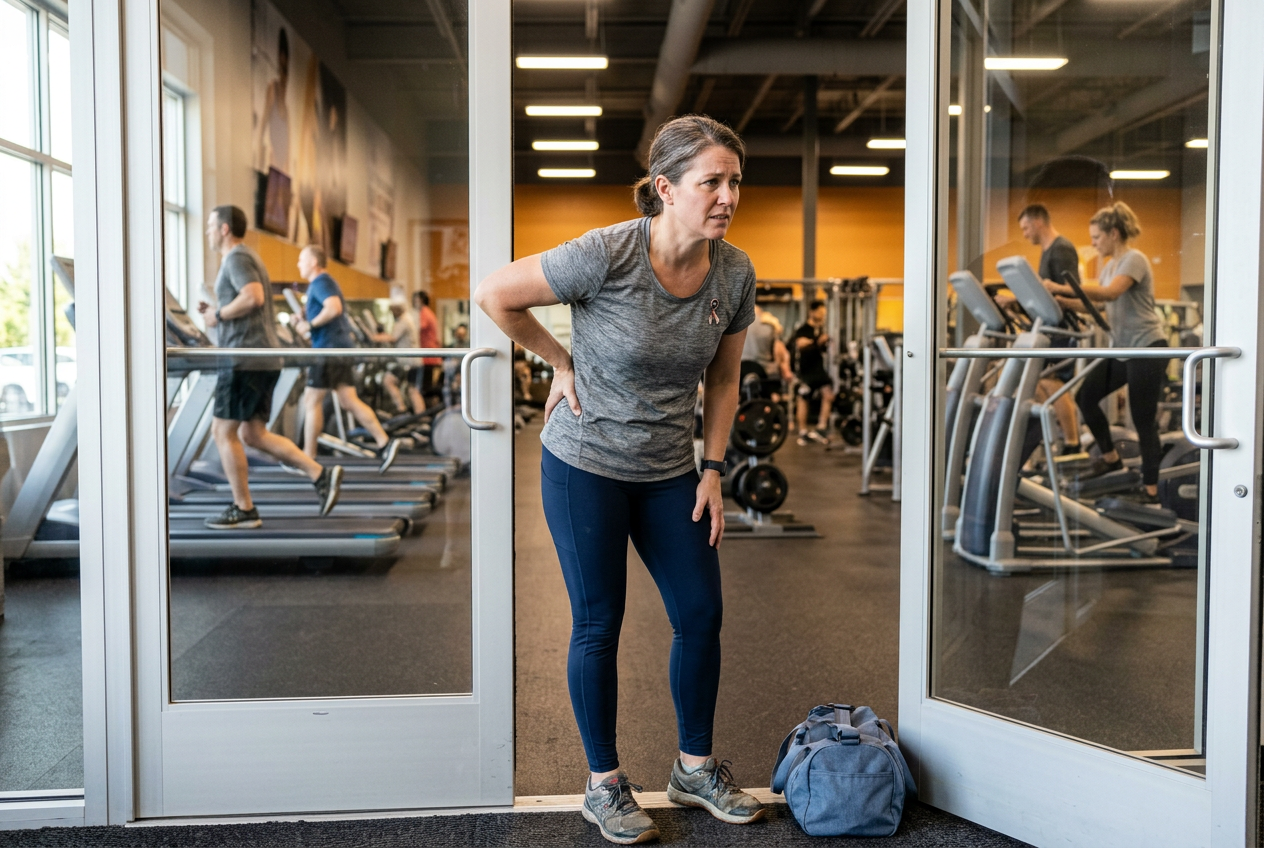 White female veteran in workout clothes standing at the entrance to a gym looking hesitant and holding her side unable to exercise due to activity regulation