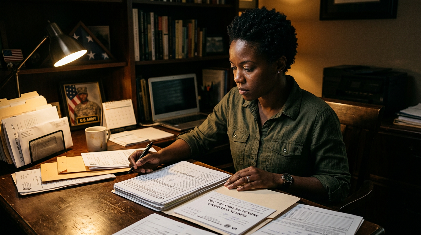 A veteran reviewing medical paperwork at her desk