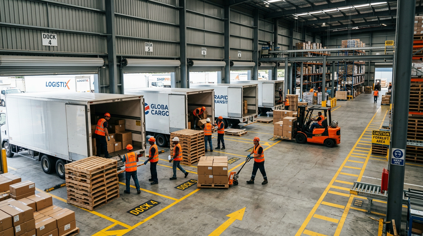 Centro de distribuição com operações de carga e descarga