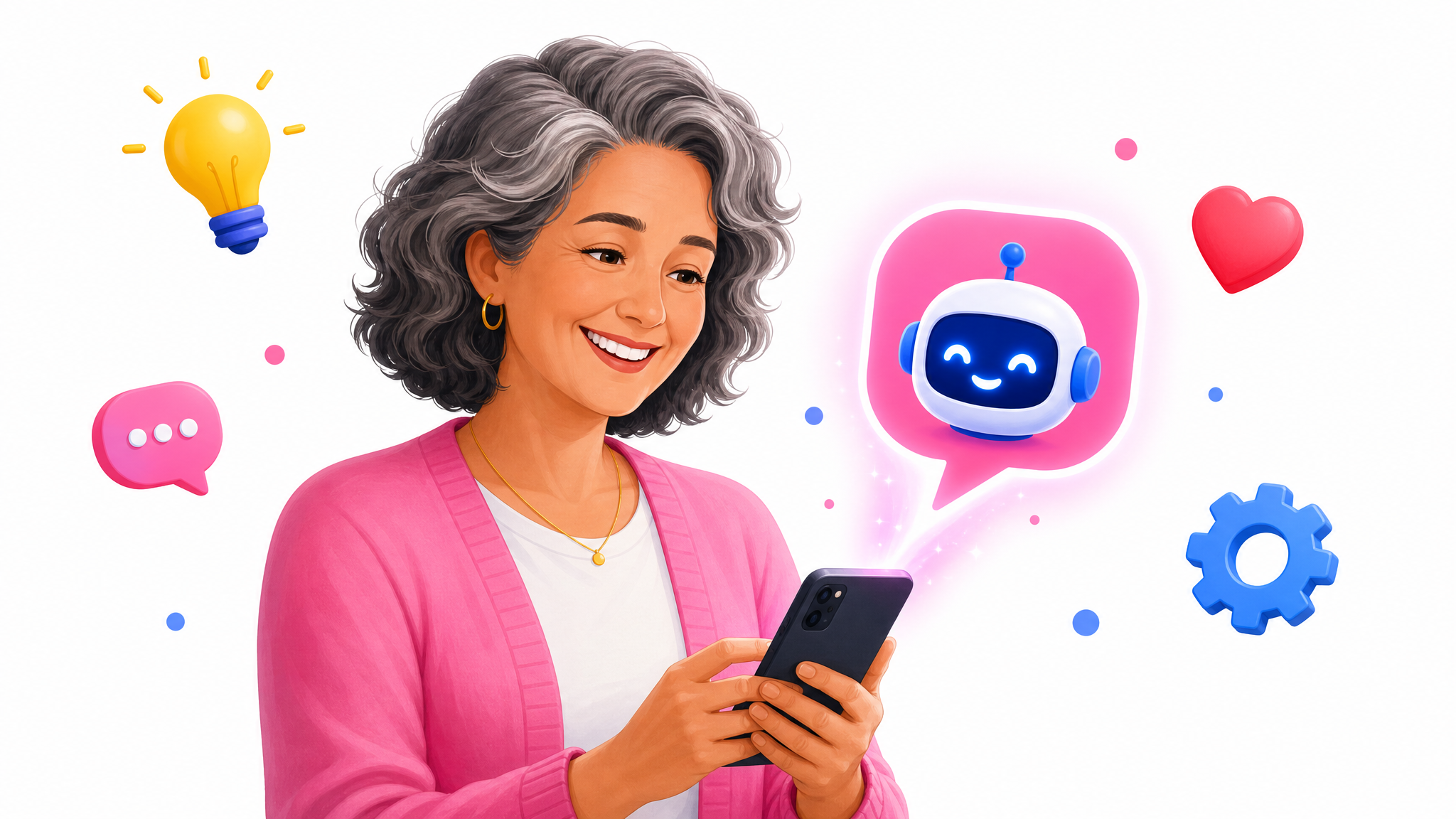 Persona mayor aprendiendo a usar inteligencia artificial en su celular con ayuda de un familiar