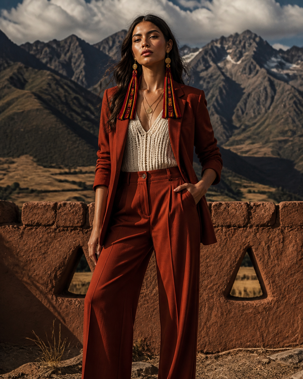 Model wearing the Quechua Drop earrings in the Andes