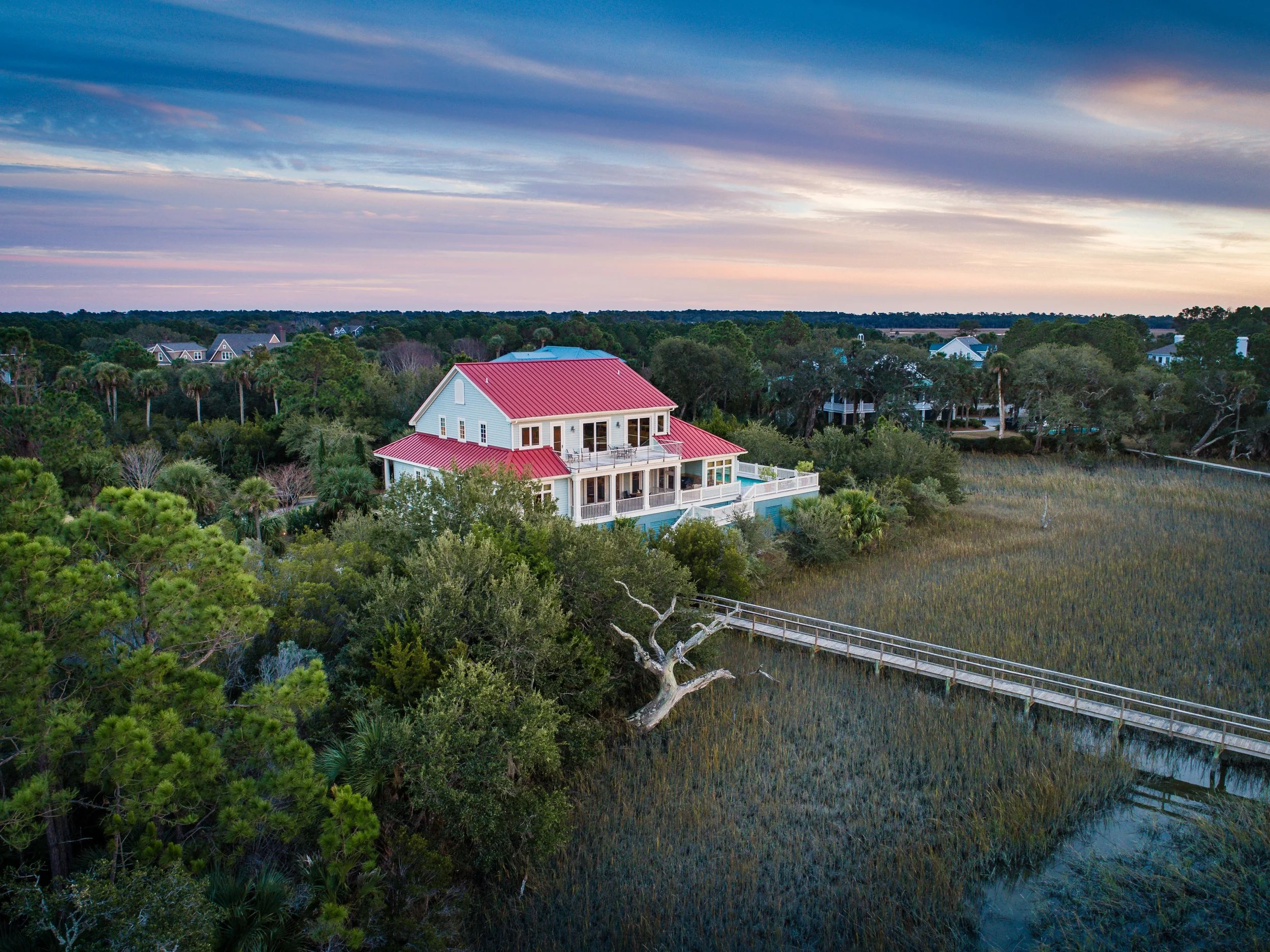 Aerial view of waterfront commercial property