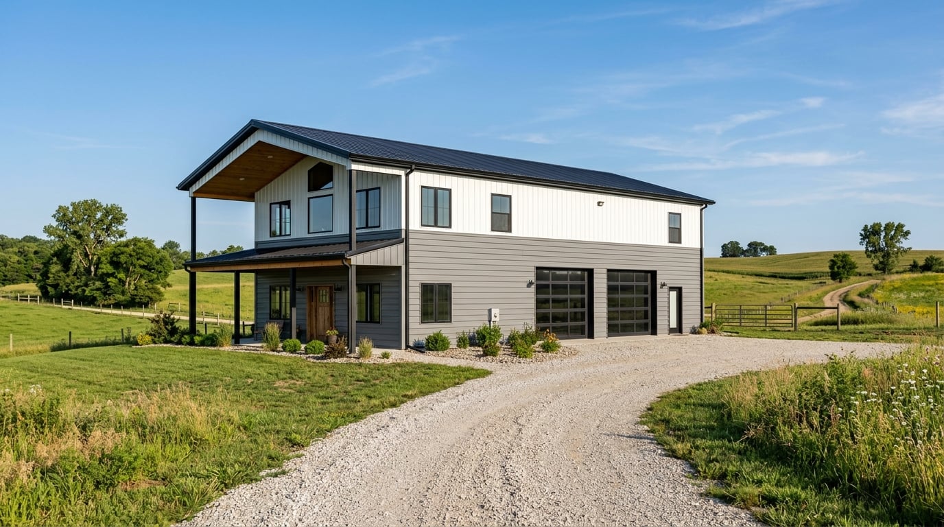 Modern metal barndominium in rural setting