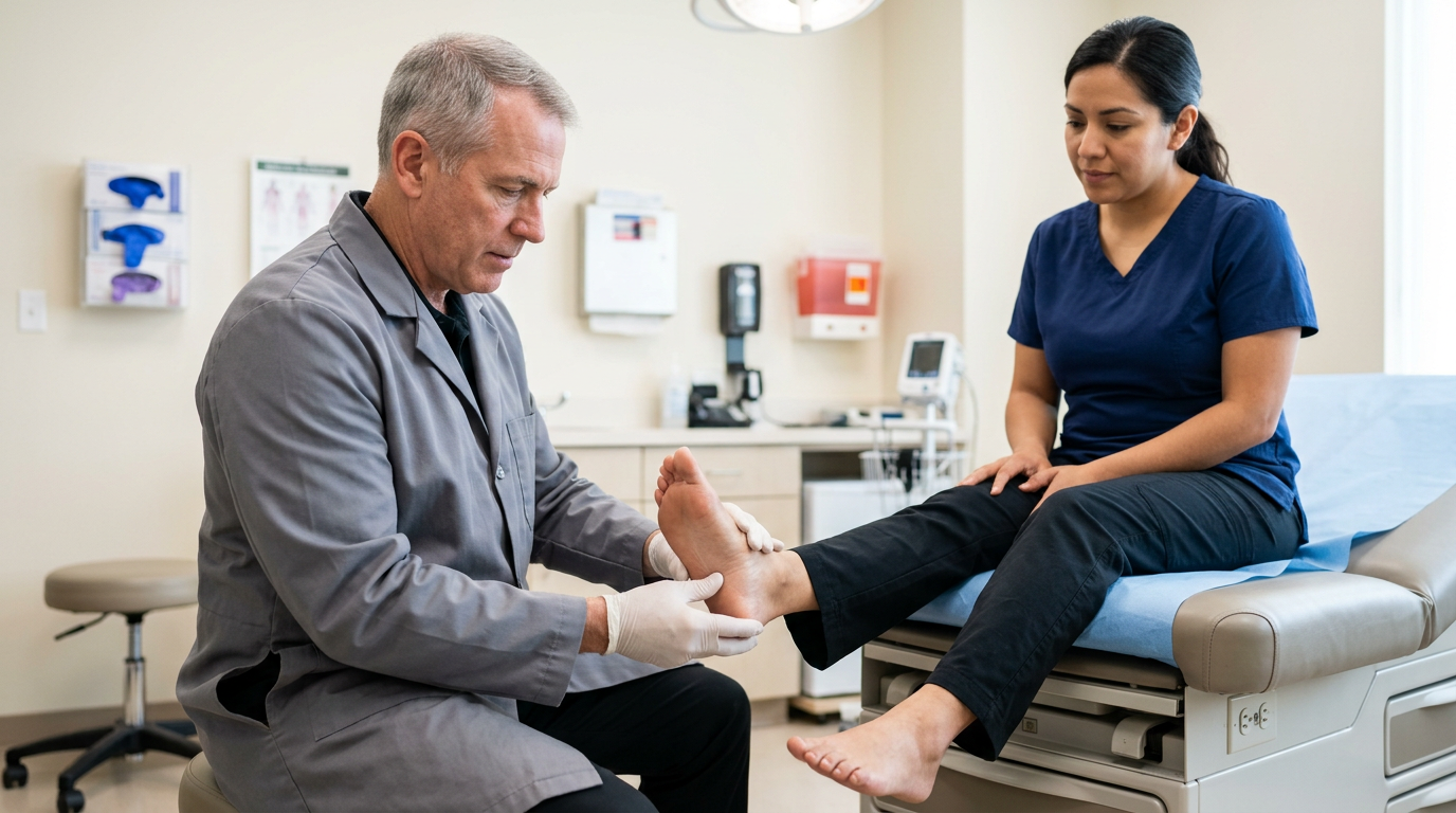 White male clinician examining a Hispanic female veteran patient foot arch and heel in a well-lit medical examination room