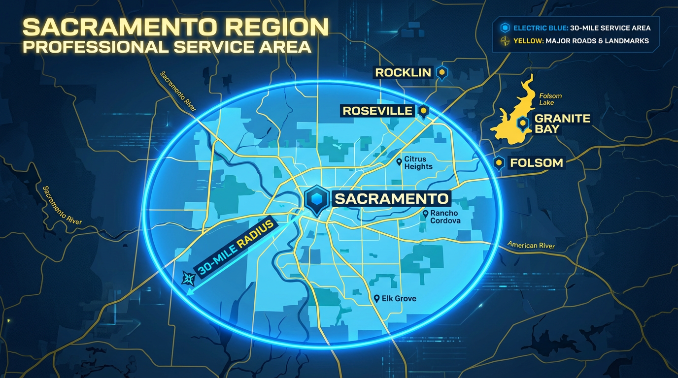 Sacramento Mobile EV Charging 30-mile service area map