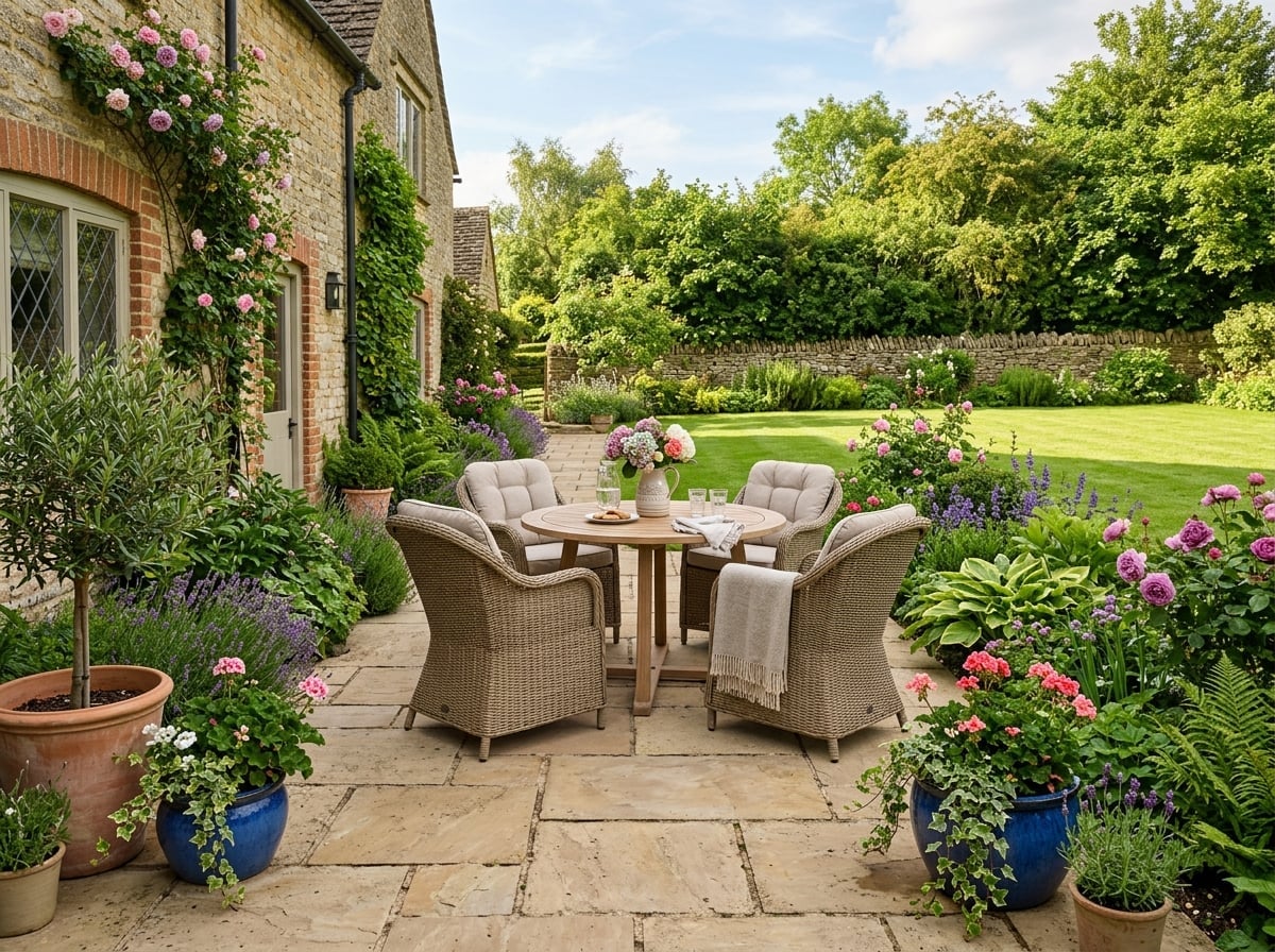 Natural stone patio with garden furniture