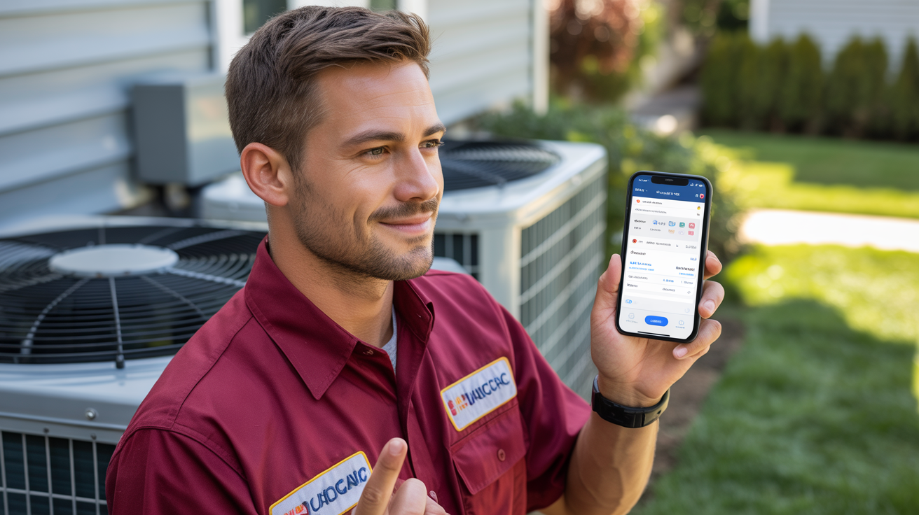Confident HVAC technician using a smartphone scheduling app in the field