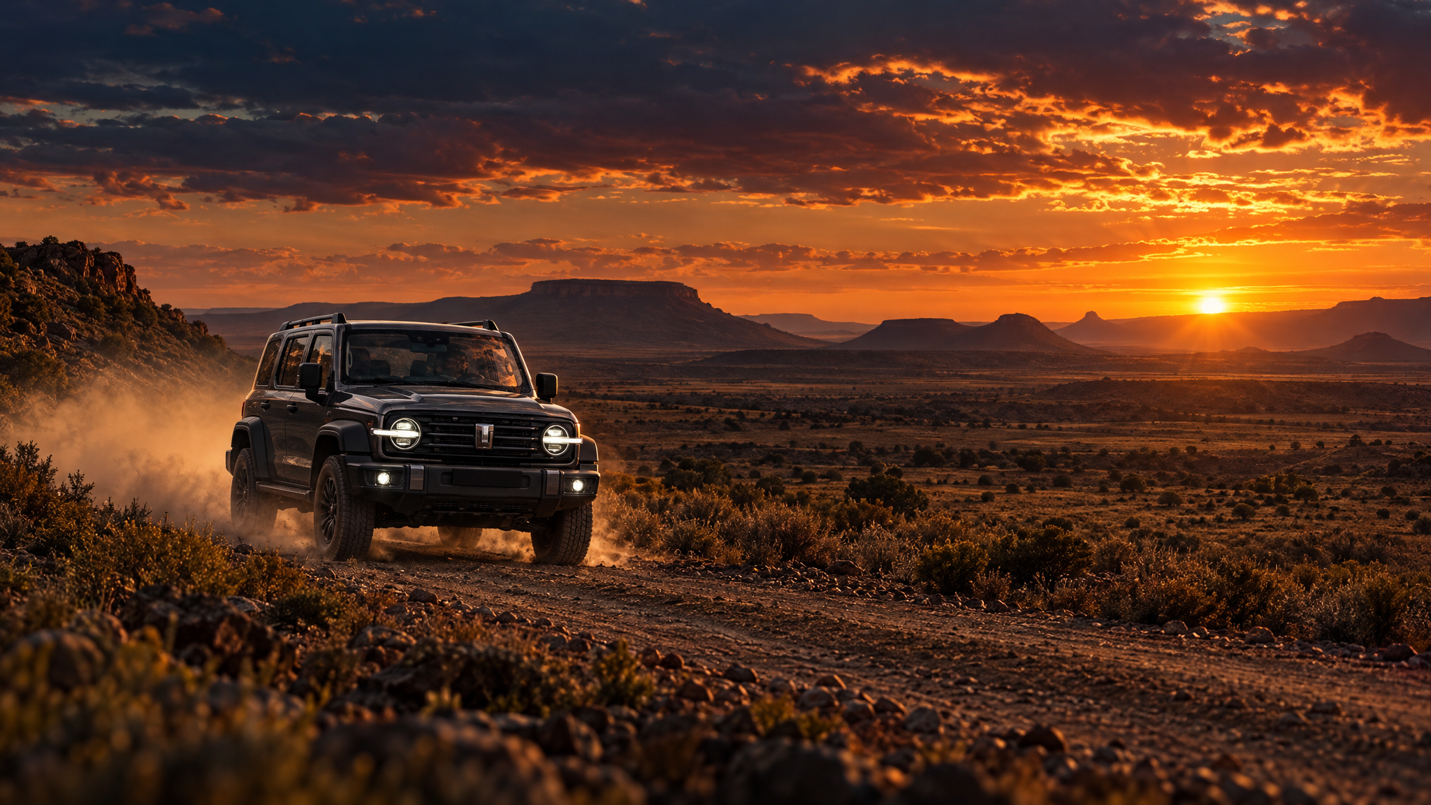 GWM Tank 300 driving through the Karoo at sunset with dramatic orange sky and dusty trail