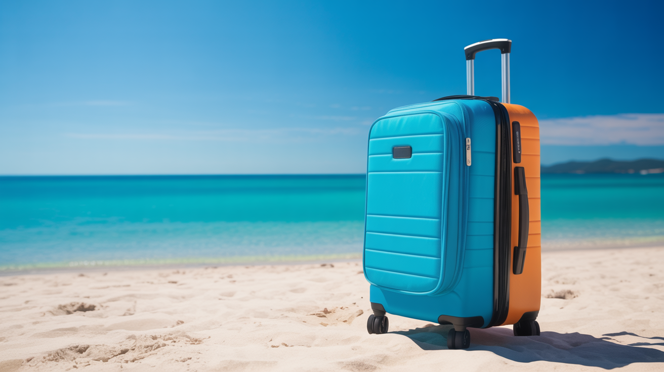 Urlaubskoffer am Strand mit türkisblauem Meer - Pauschalreisen vergleichen bei MeinReisefinder