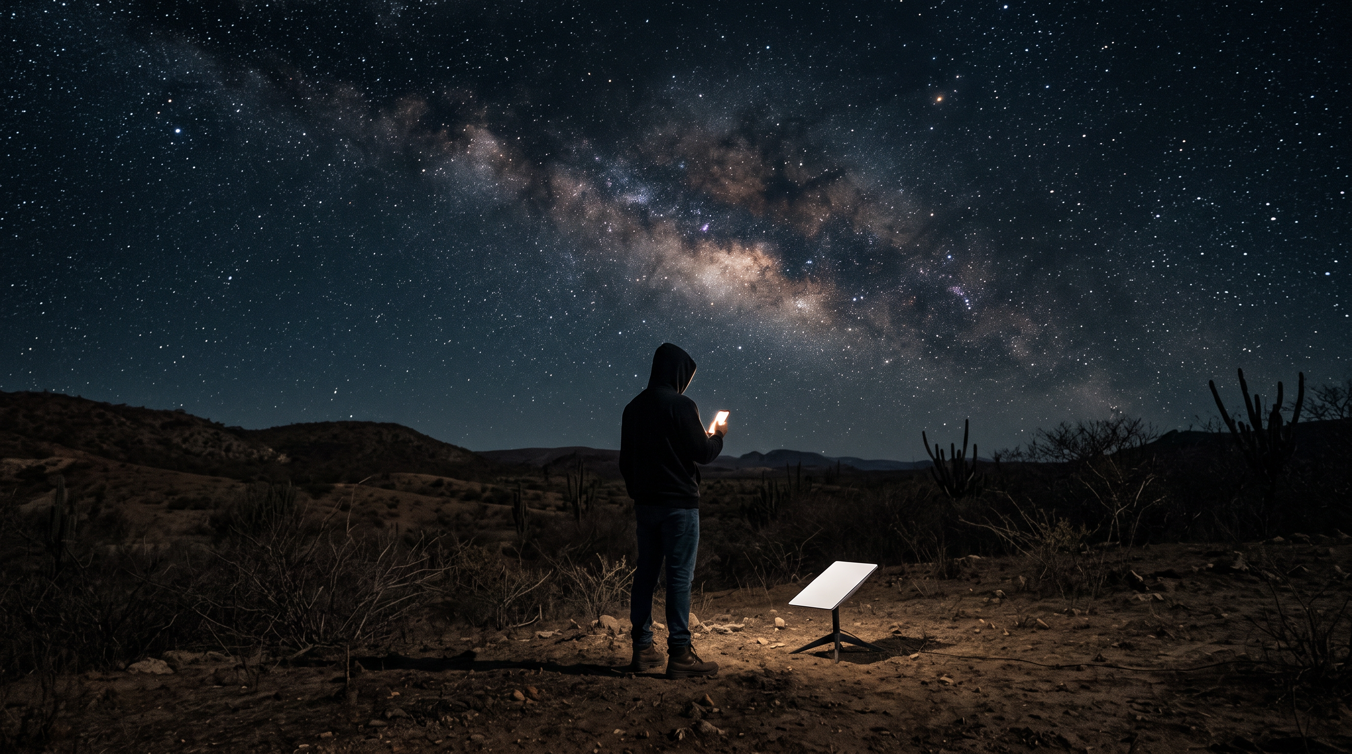 Pessoa sob céu estrelado usando a internet com uma antena Starlink Mini ao lado