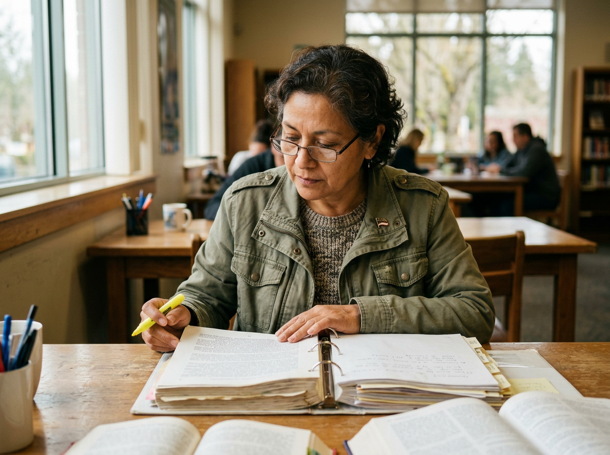 Veteran reading a binder on presumptive service connection law