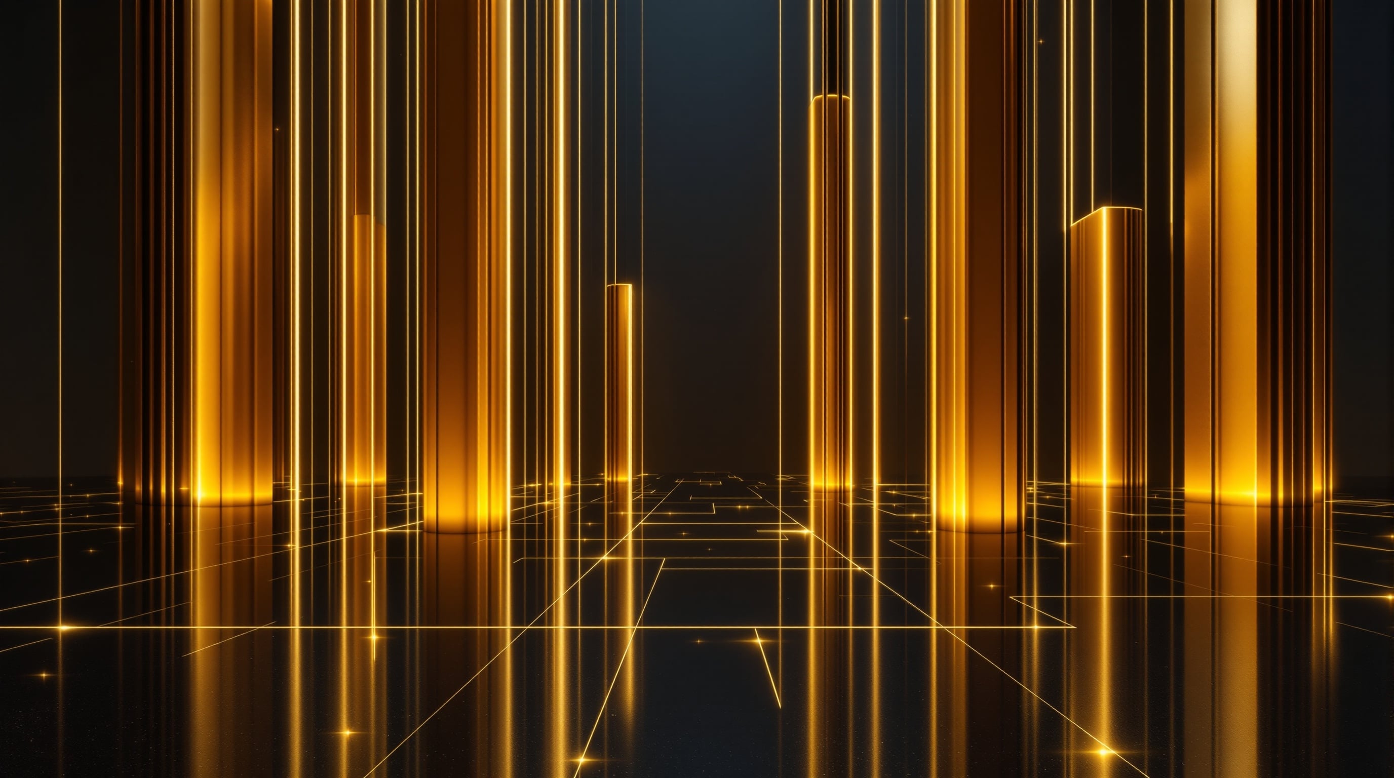 Cinematic editorial Visual mehrerer goldener Säulen unterschiedlicher Höhe auf dunkel-spiegelndem Boden, verbunden durch feine goldene Datenflüsse vor tiefem Navy-Hintergrund – symbolisiert eine modulare KI-Stack-Architektur ohne dominantes Modell