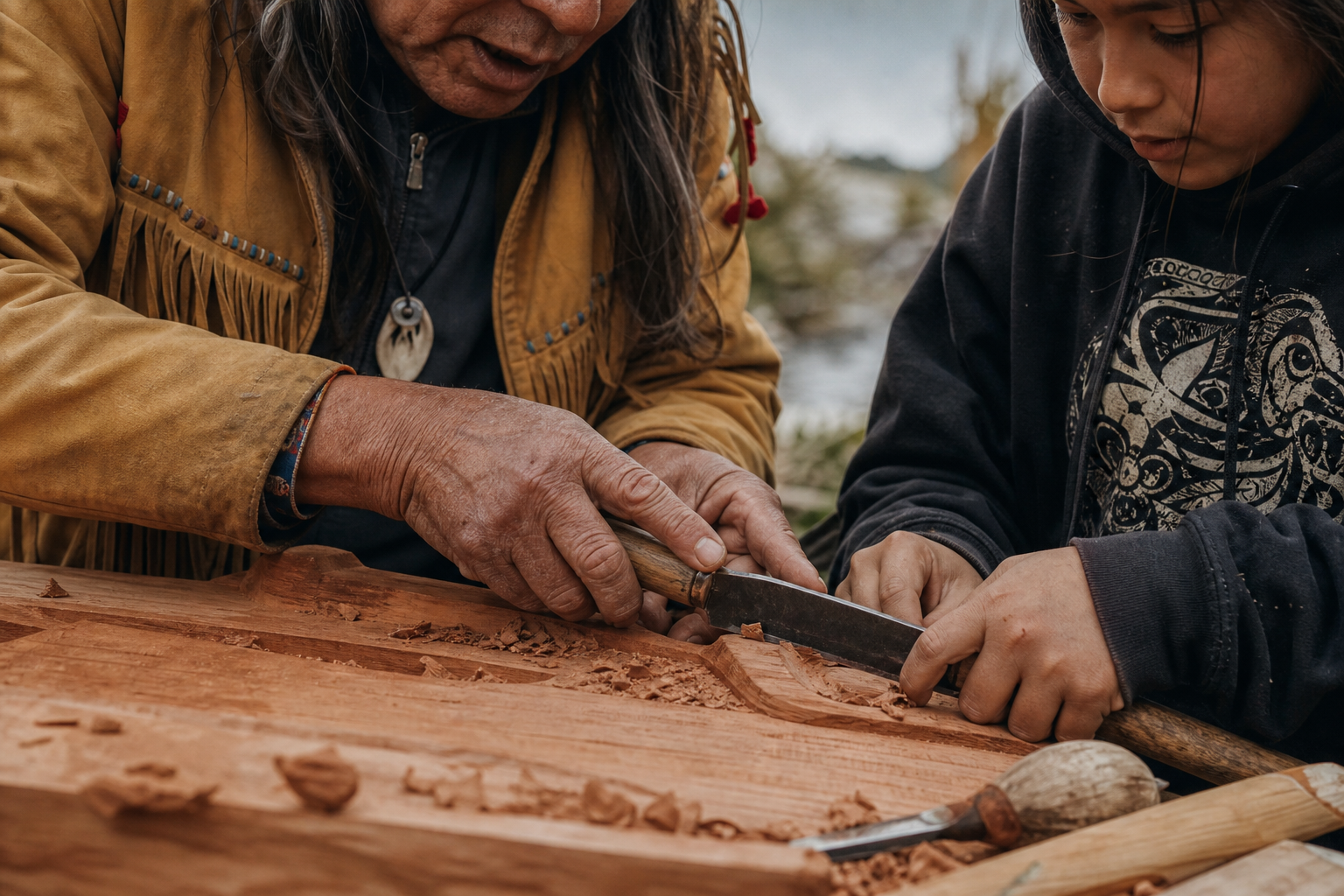 Intergenerational knowledge transfer, elder and young person building together