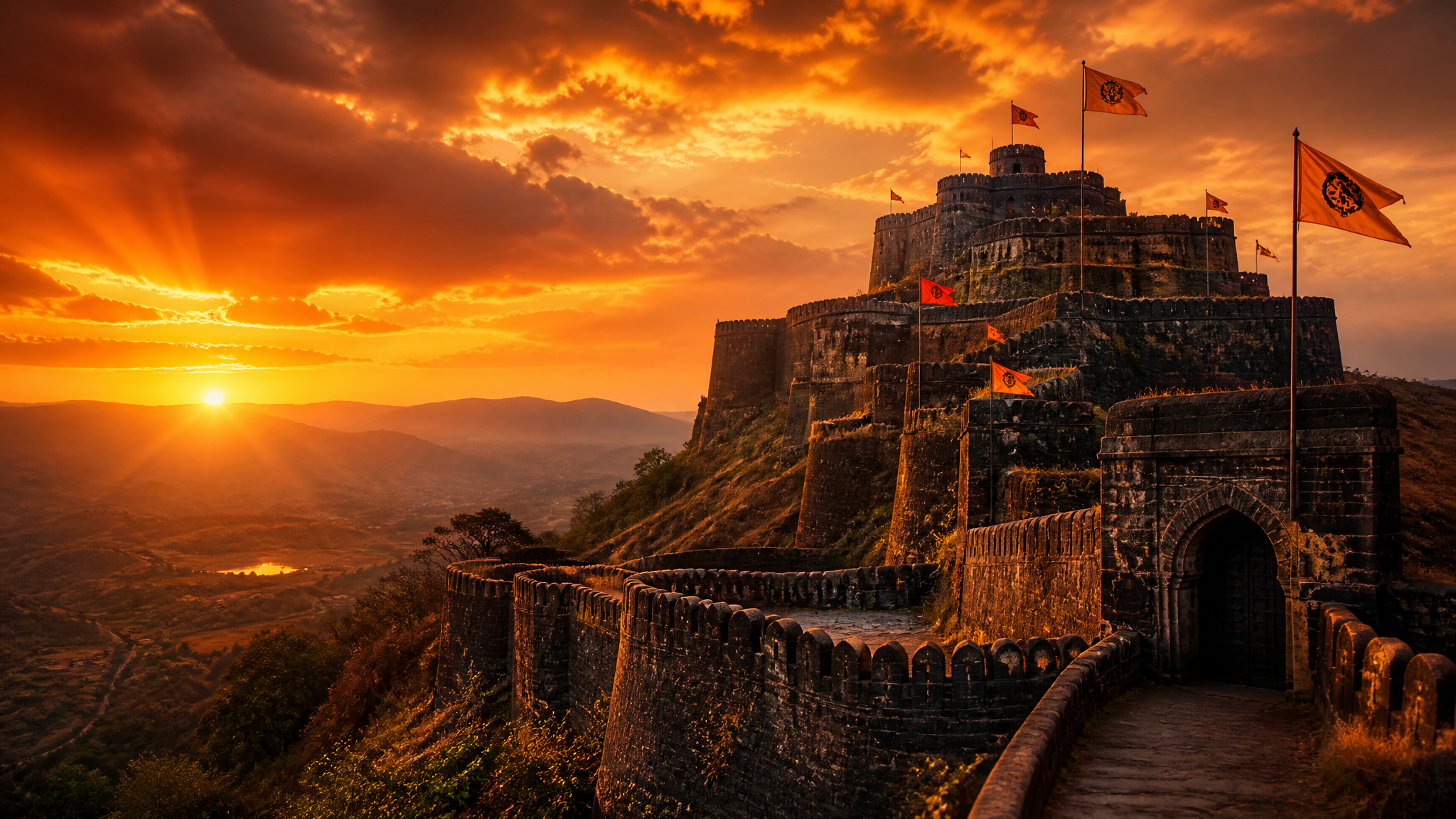Majestic Maratha fort at sunset representing the grandeur of the Maratha Empire