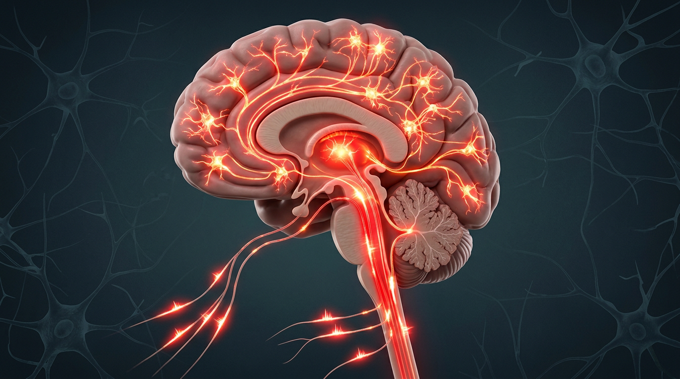 Medical illustration showing central sensitization, amplified pain signals in the brain and spinal cord with overactive nerve fibers