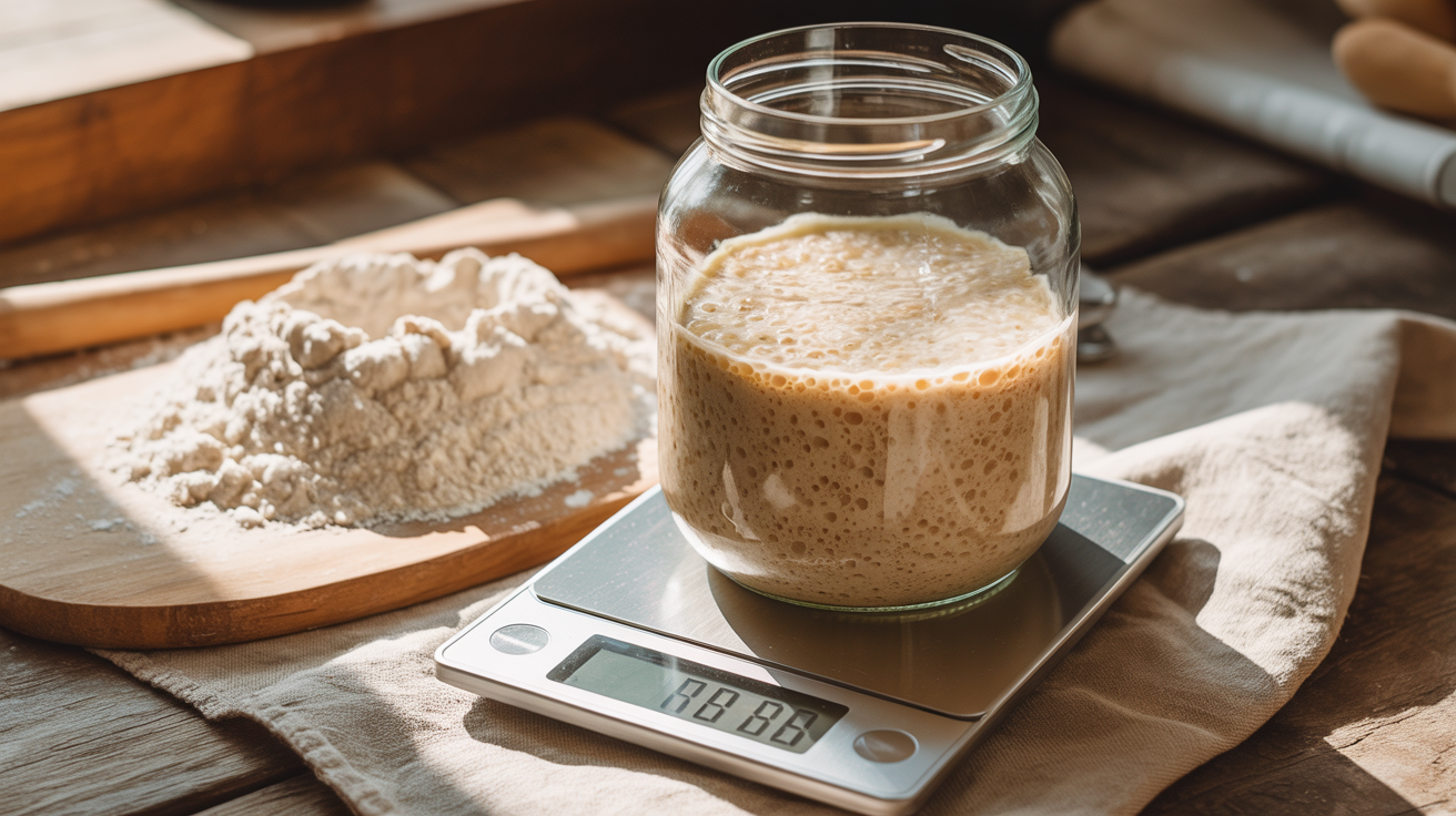 Glass jar of bubbly active sourdough starter next to digital scale on linen cloth