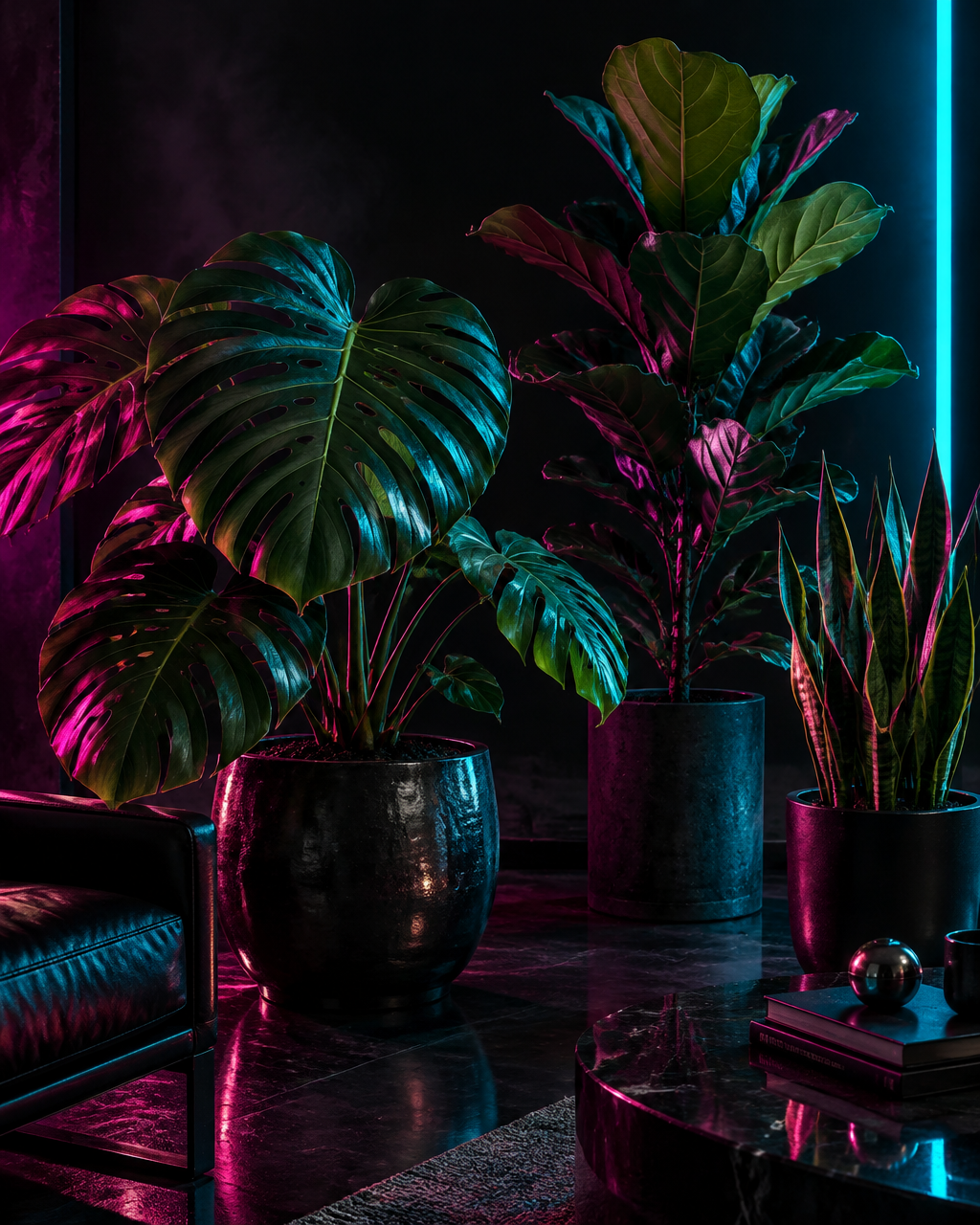 Sculptural indoor plants lit in electric cyan and hot-pink neon