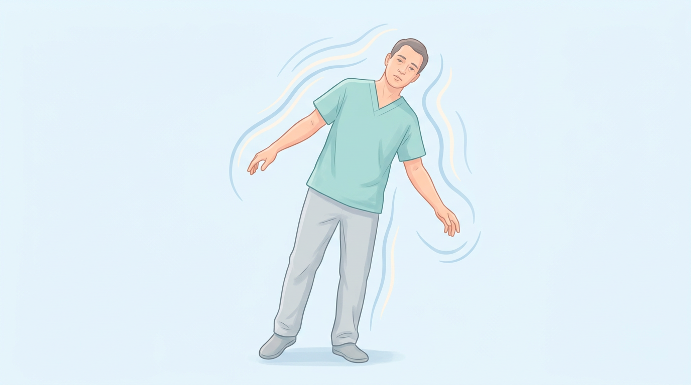 Illustration of a man standing off-balance and swaying with motion lines while the room around him stays steady