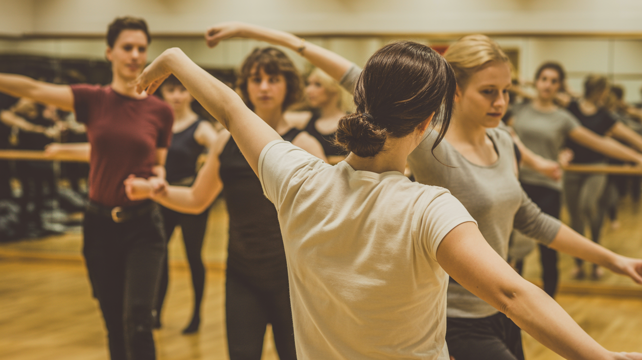 Sarah leading a dance workshop with a group of students in a bright studio