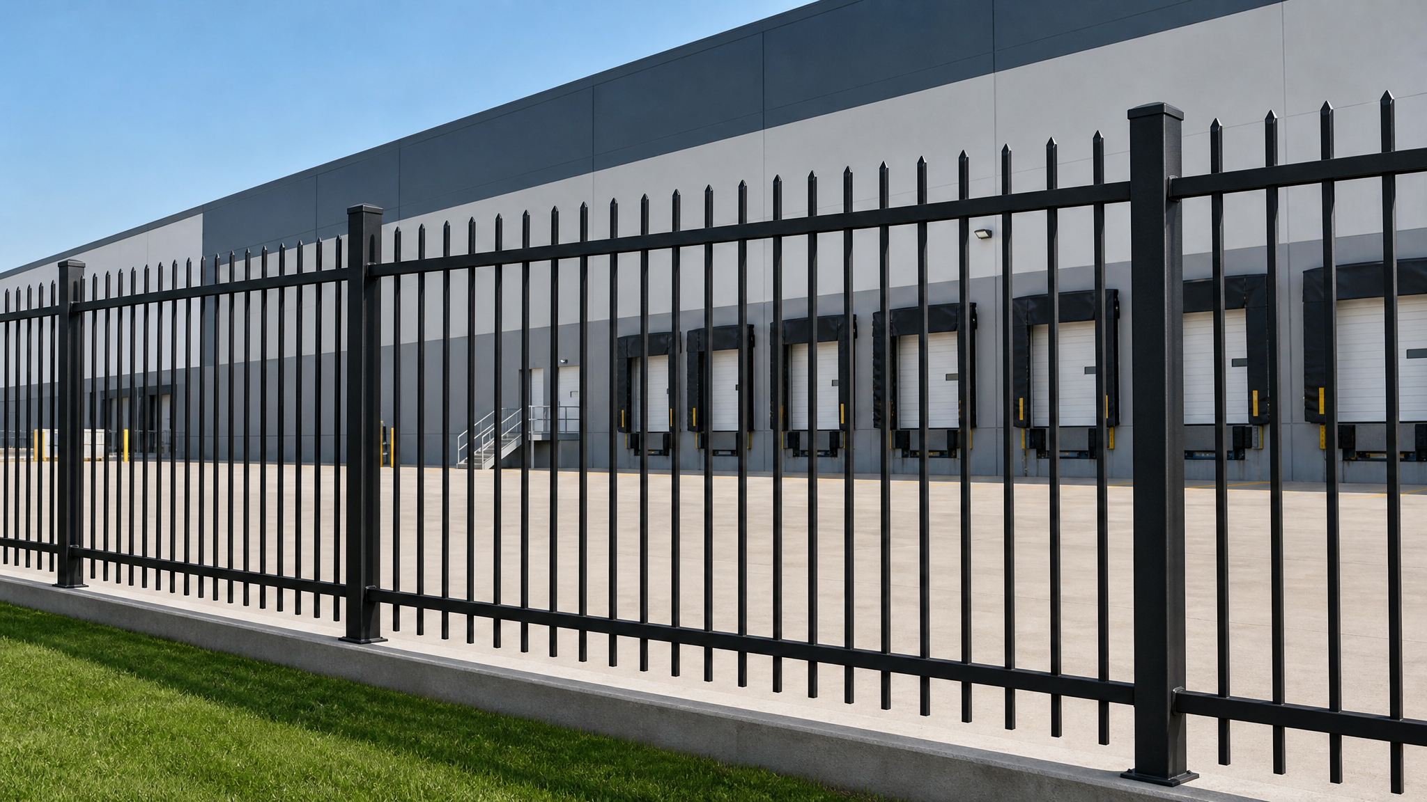 P300 Perimeter 8 foot pinched security top welded steel fence around an industrial facility