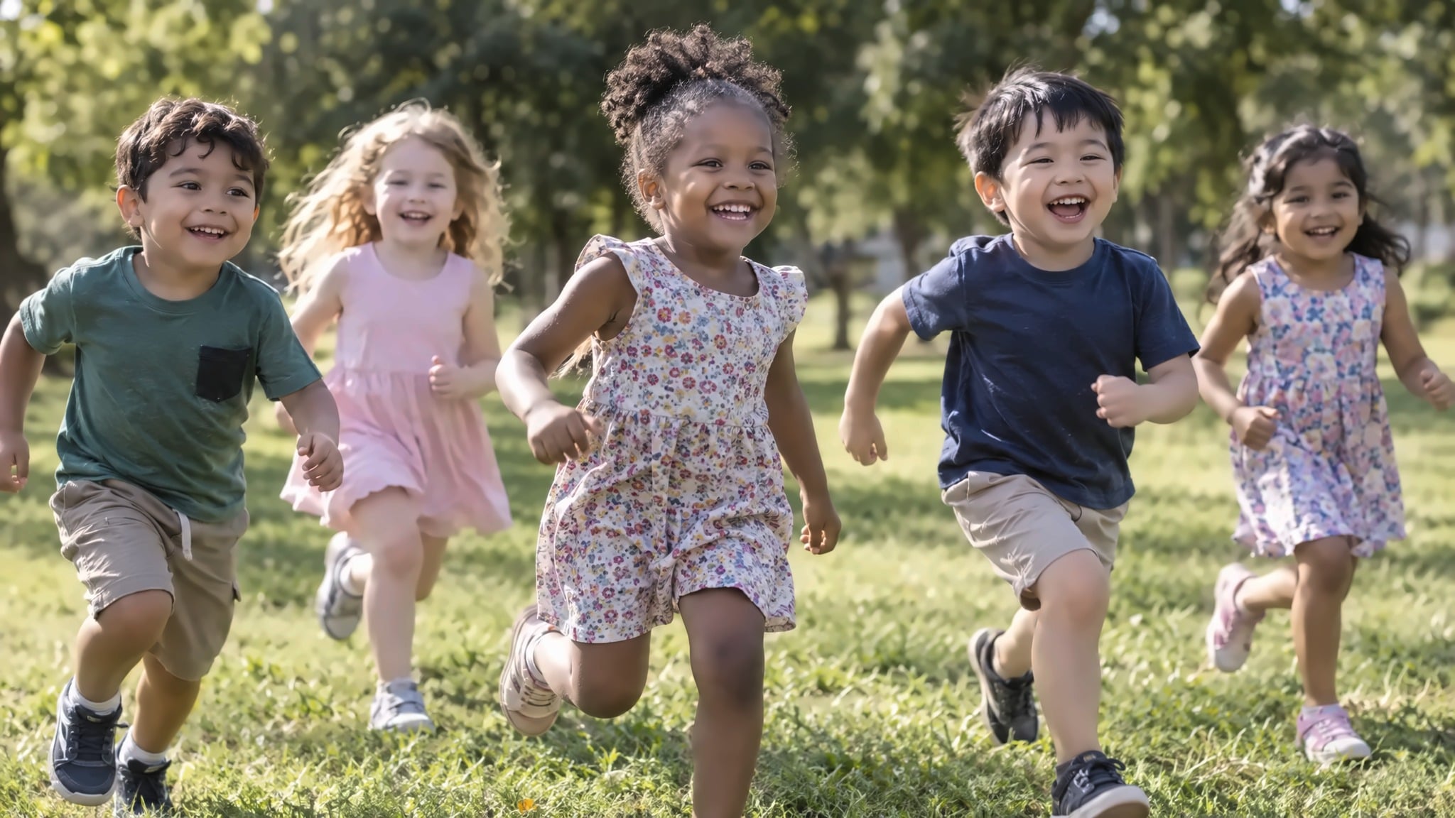 Preschool children playing outdoors on a sunny day, running in a grassy area