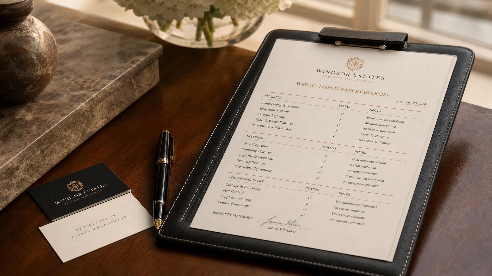Professional estate documentation tablet displaying organized maintenance records