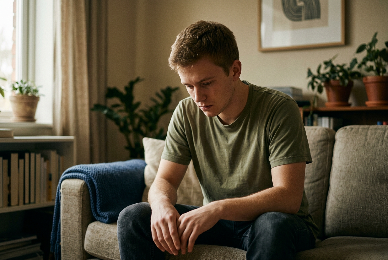 A young white male veteran seated on a couch, shoulders slumped, gazing downward with low affect