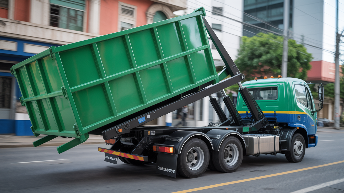 Caminhão poliguindaste transportando caçamba Renova Caçambas