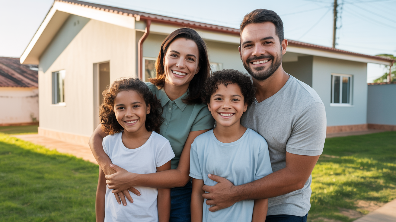 Família feliz em frente à casa própria