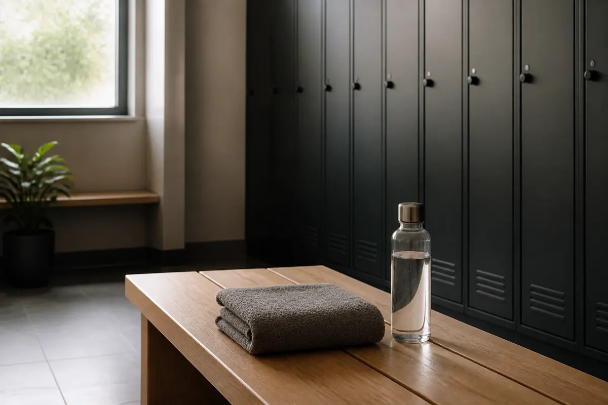 Vestuario de gimnasio ordenado con una toalla doblada y una botella de agua sobre un banco de madera, luz natural, sin personas y sin básculas.