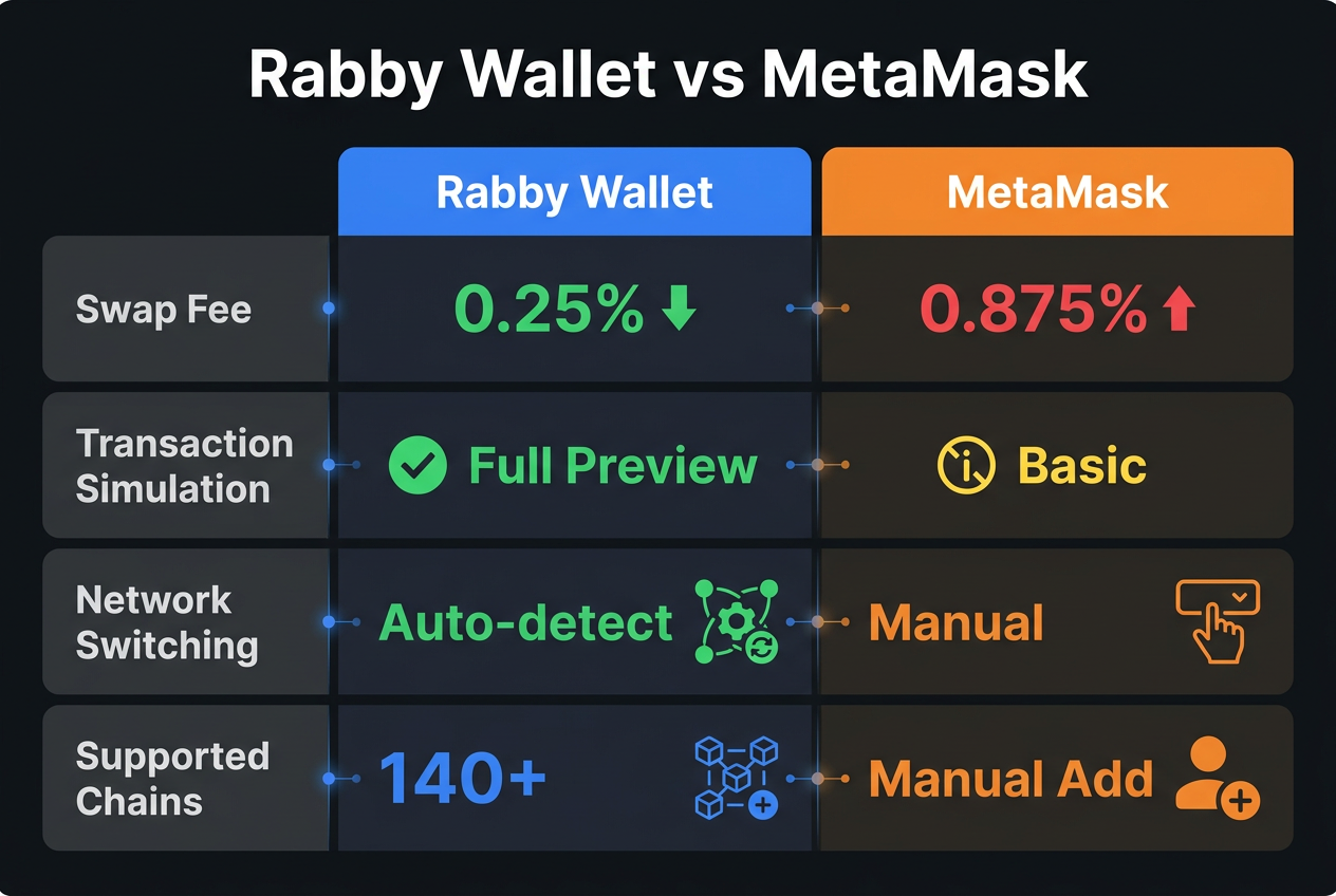 Rabby Wallet vs MetaMask comparison chart showing swap fees and features