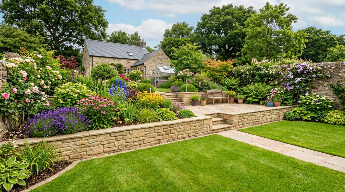 UK garden with a natural stone retaining wall and planted borders