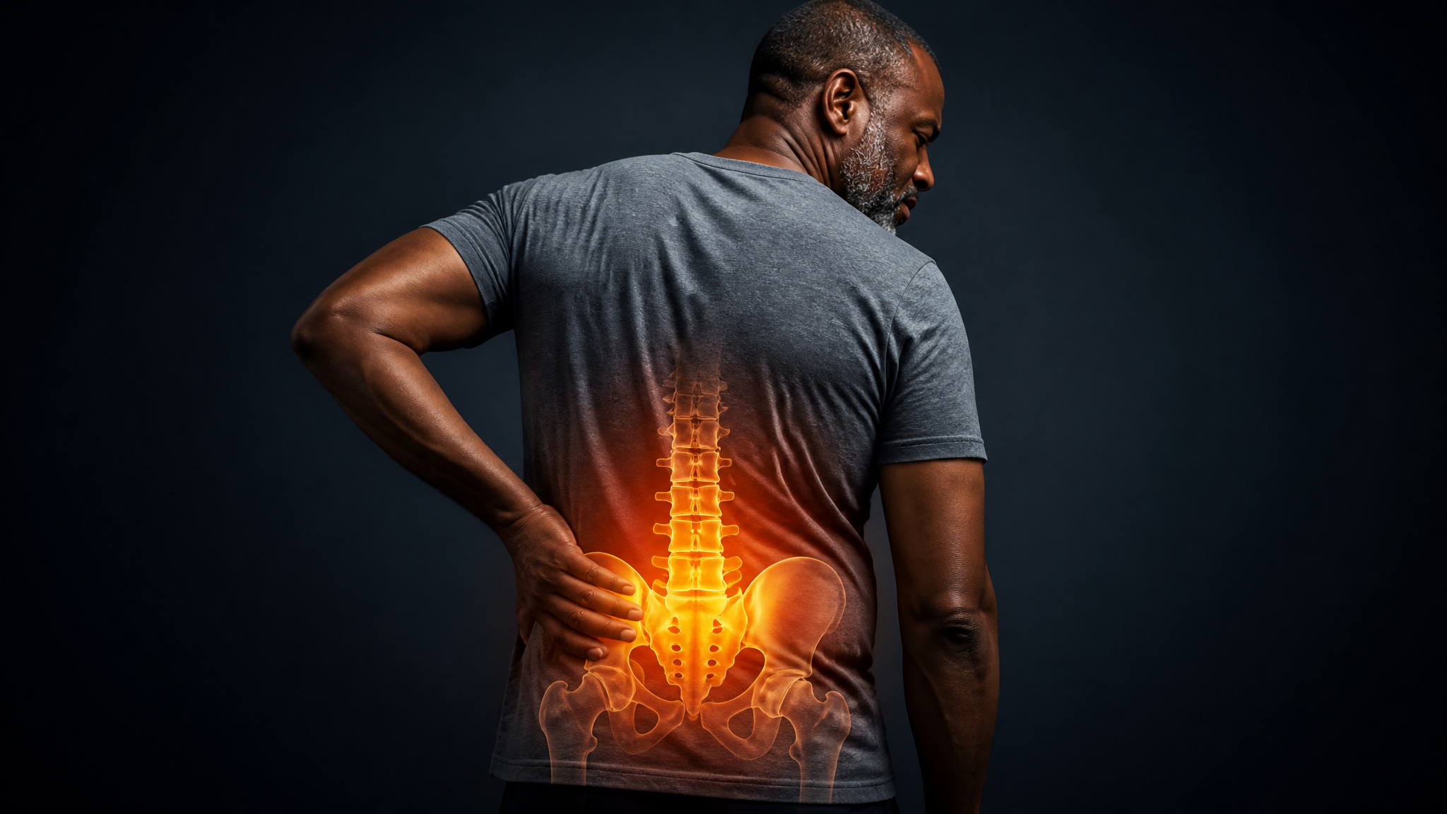 A veteran experiencing Ankylosing Spondylitis, Spondylolisthesis, Sacroiliac Injury & Segmental Instability, with the affected spine highlighted
