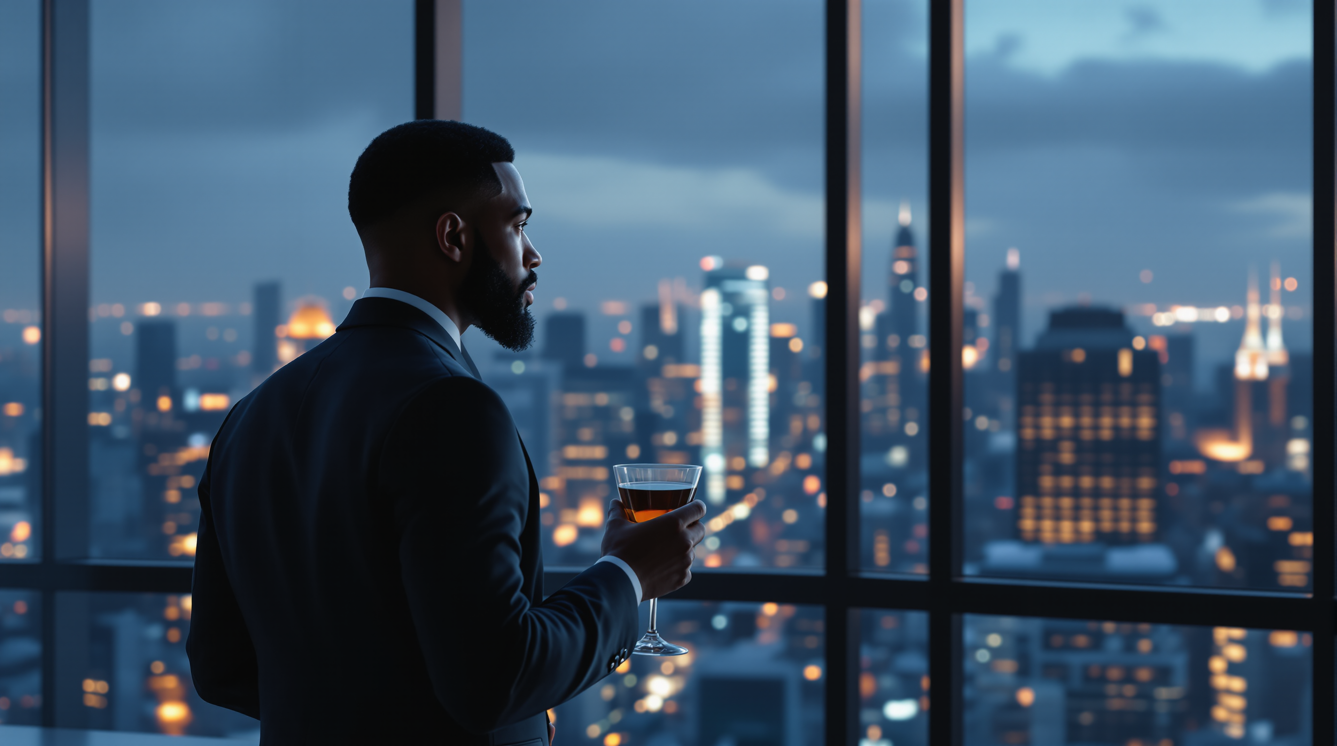 Luxury penthouse at night with city skyline