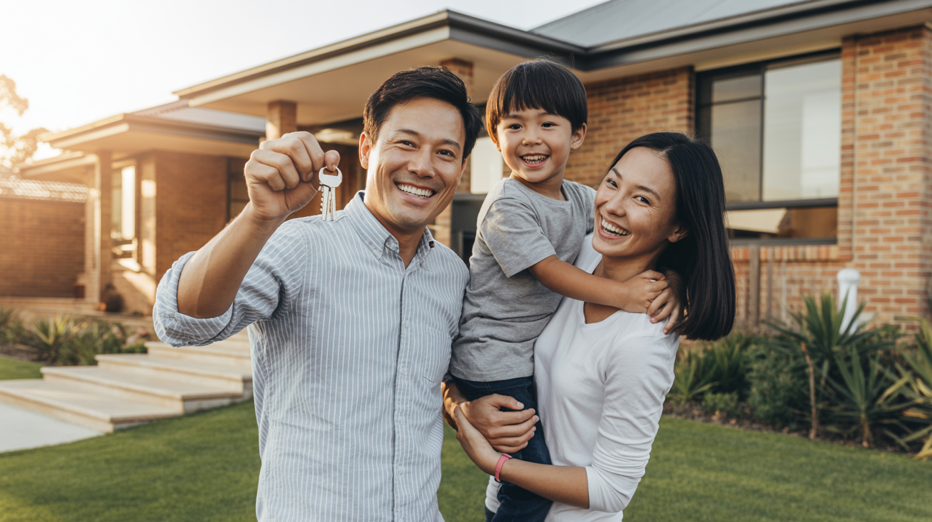 Happy family celebrating home ownership in Australia