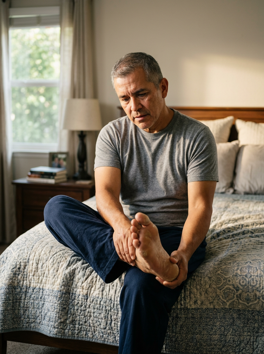 Hispanic male veteran in his 50s sitting on a bed examining the calloused sole of his flattened foot