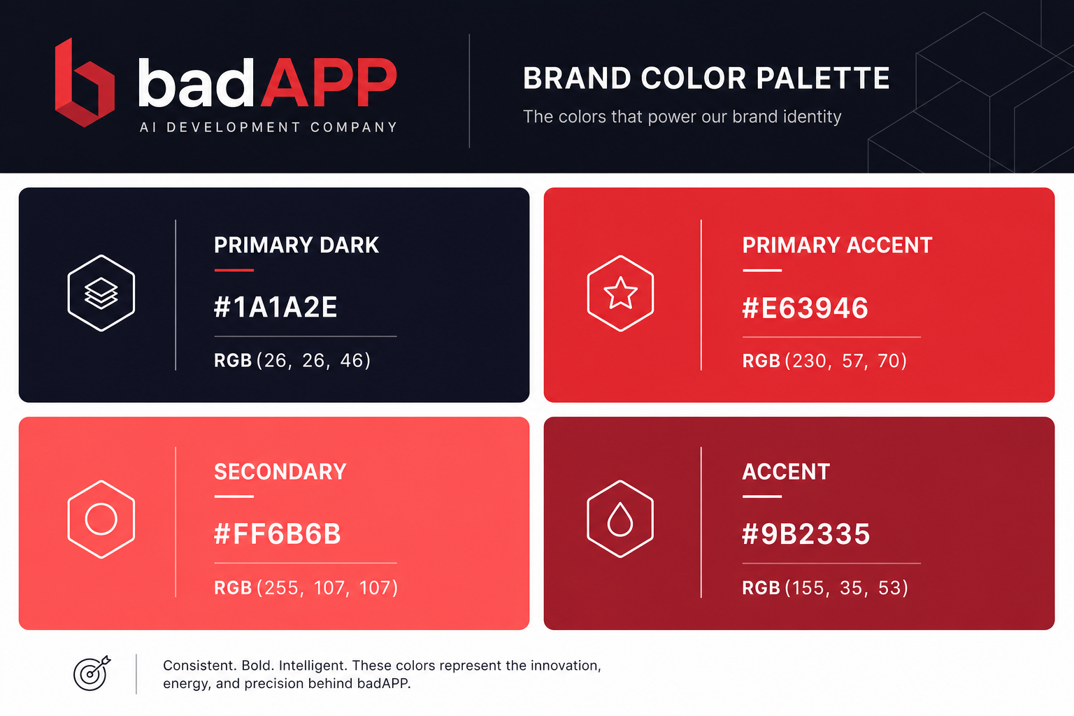 badAPP brand color palette card showing all brand colors