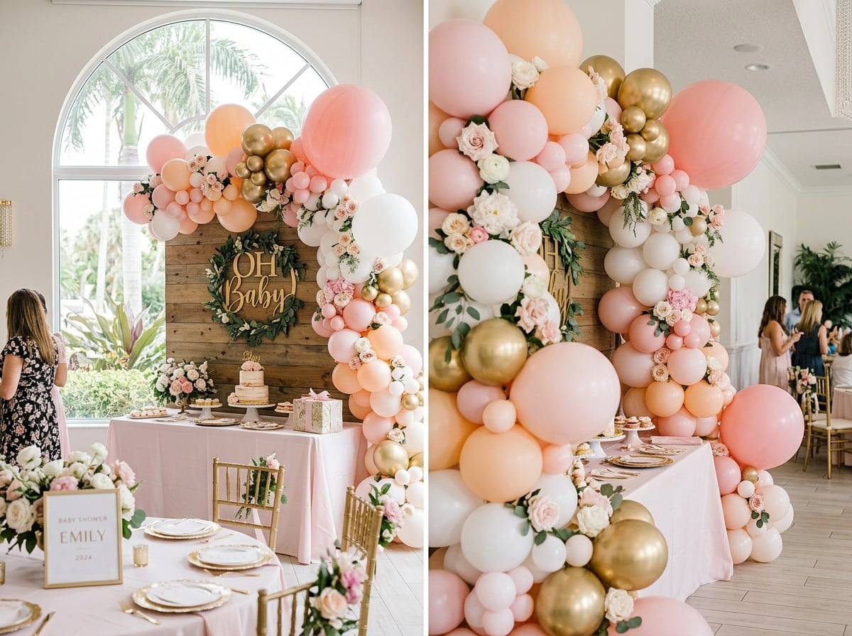 Guirnalda elegante de globos rosados y dorados