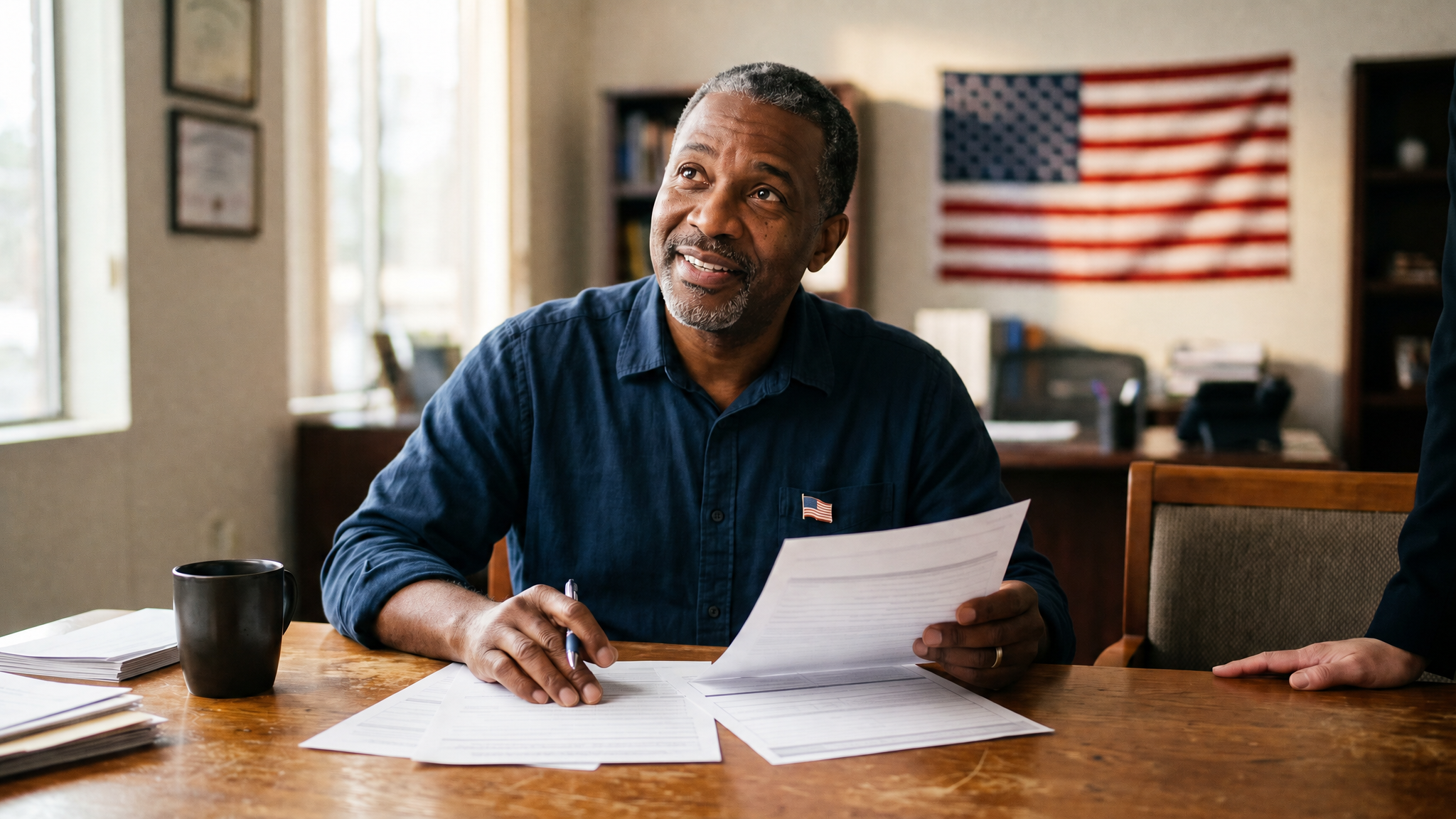 An accredited VA claims agent meeting with a veteran client