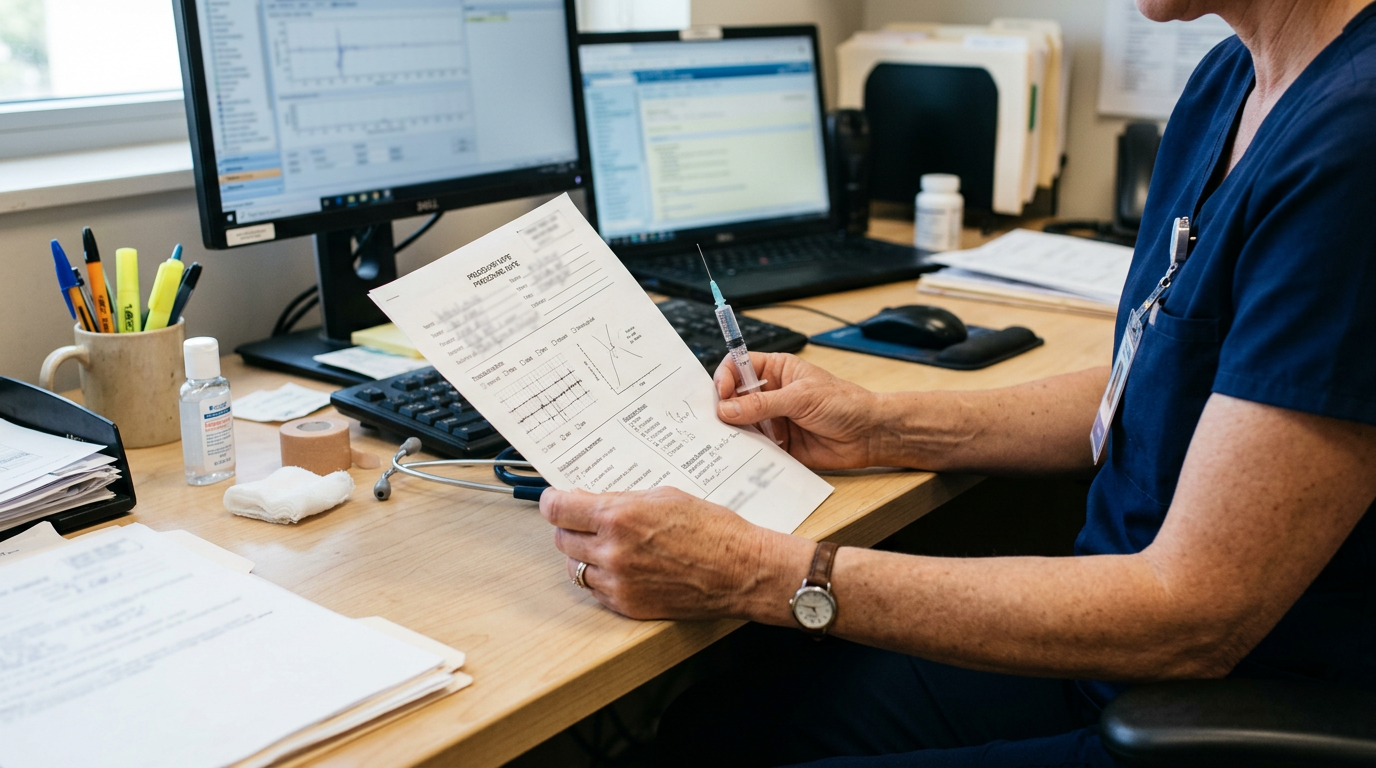 A clinician at a desk reviewing an occipital nerve-block procedure note with a small anesthetic syringe