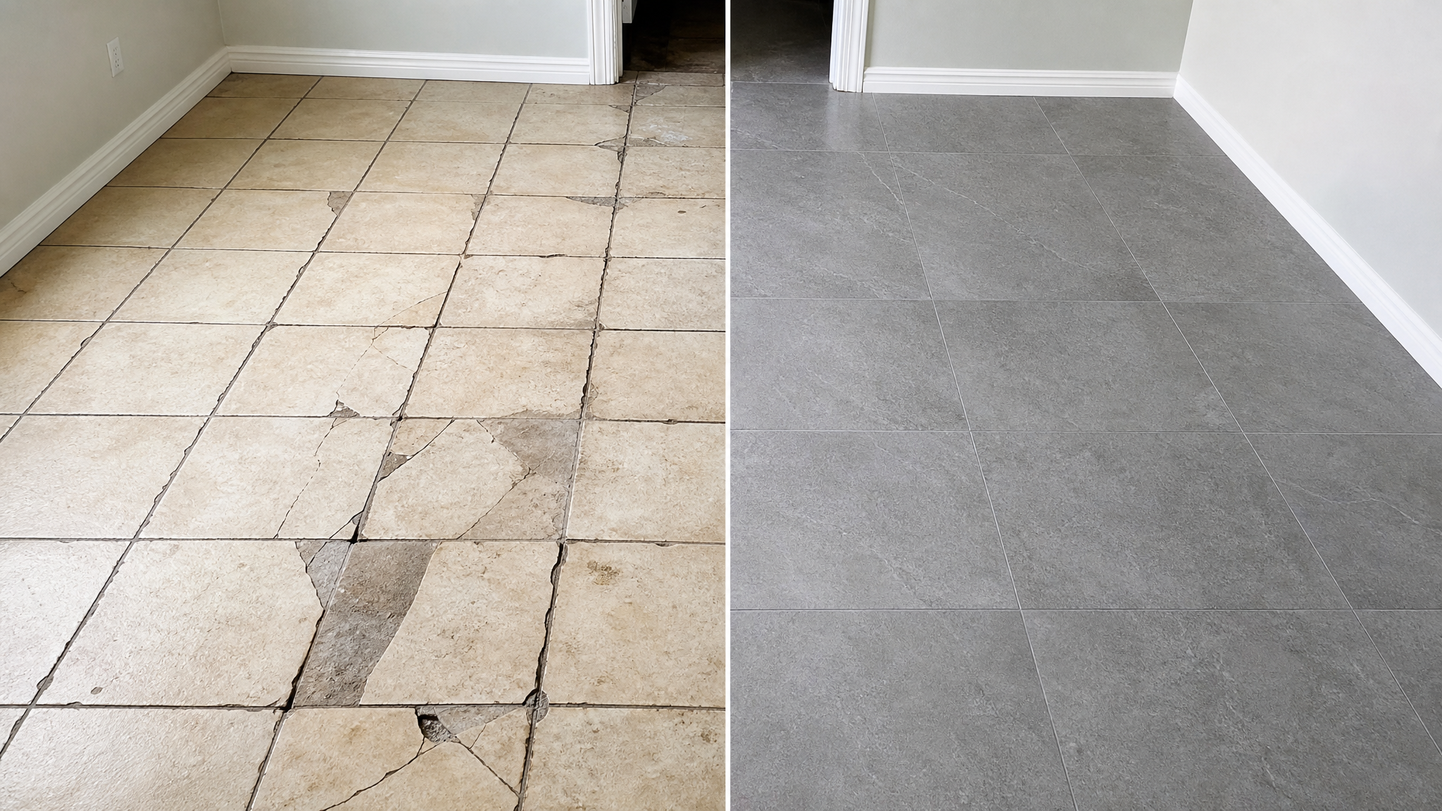 Before and after tile floor renovation transformation