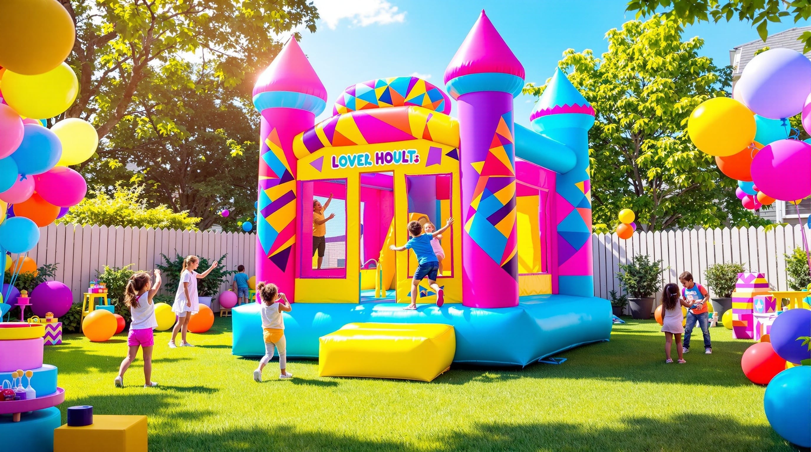 Colorful bounce house at an outdoor party with neon decorations