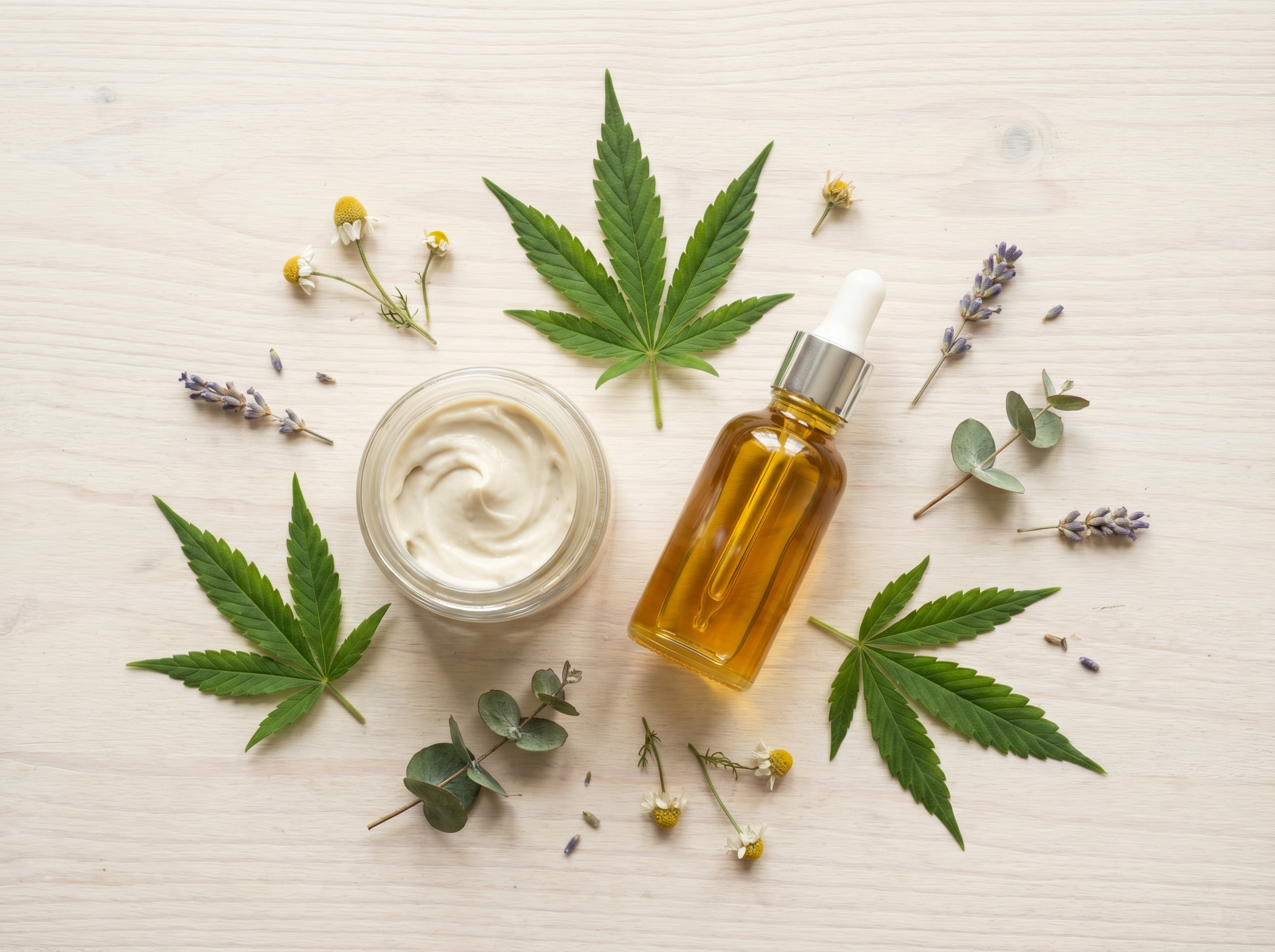 CBD skincare flat lay with face mask jar, hemp oil and hemp leaves