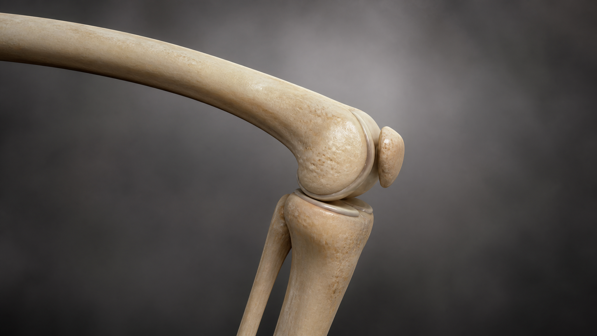 3D anatomical render of the knee joint bones viewed from the side in a dark cinematic setting, with no labels or markings